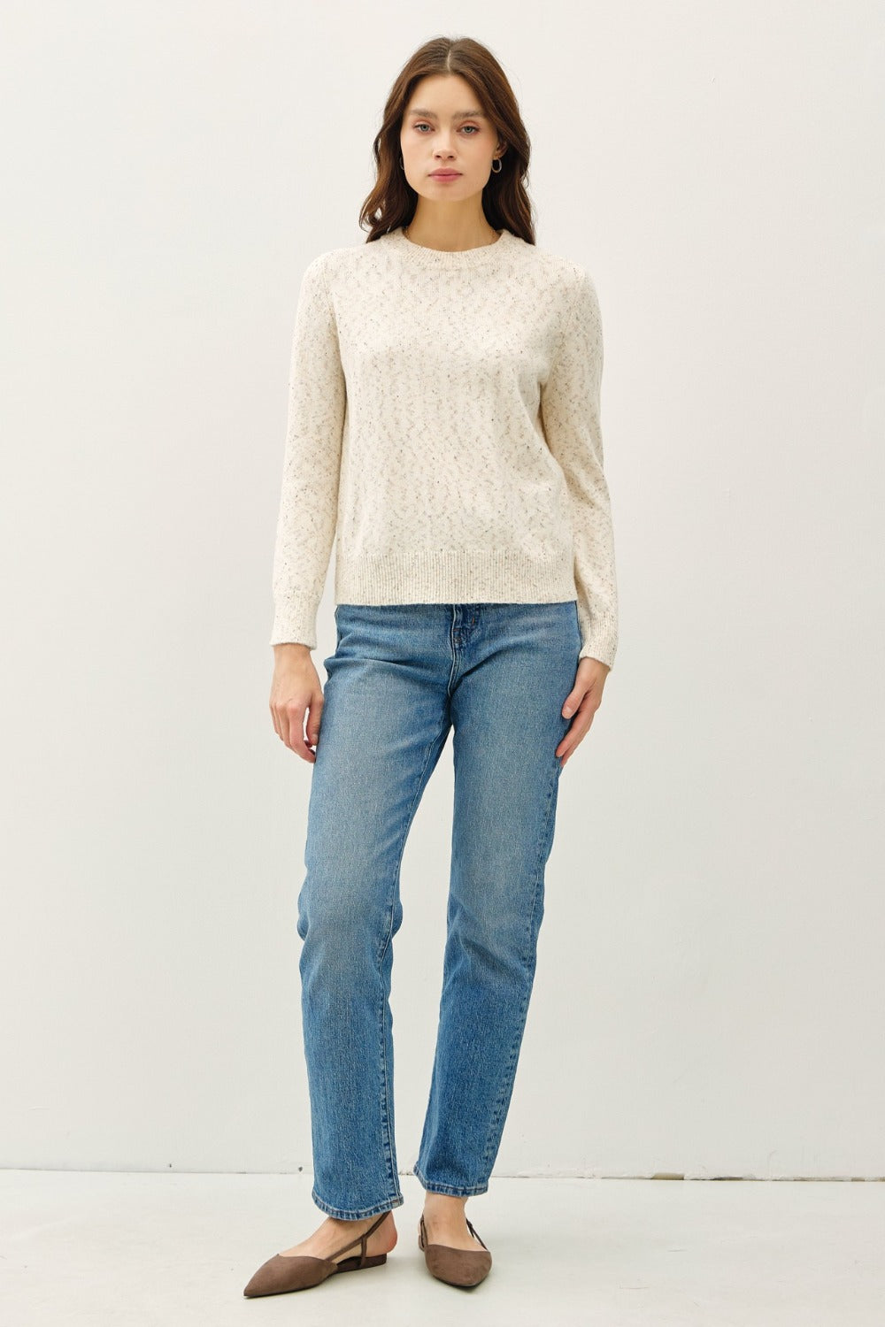 
                  
                    Heathered Round Neck Long Sleeve Sweater
                  
                