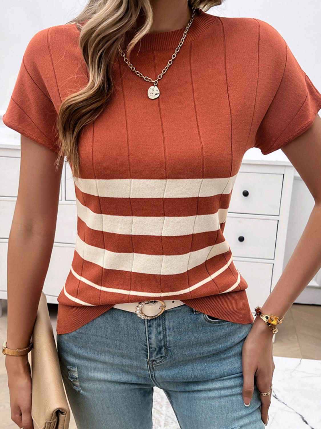 
                  
                    Striped Round Neck Short Sleeve Knit Top
                  
                