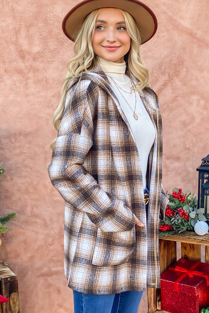 
                  
                    Plaid Open Front Hooded Shacket
                  
                