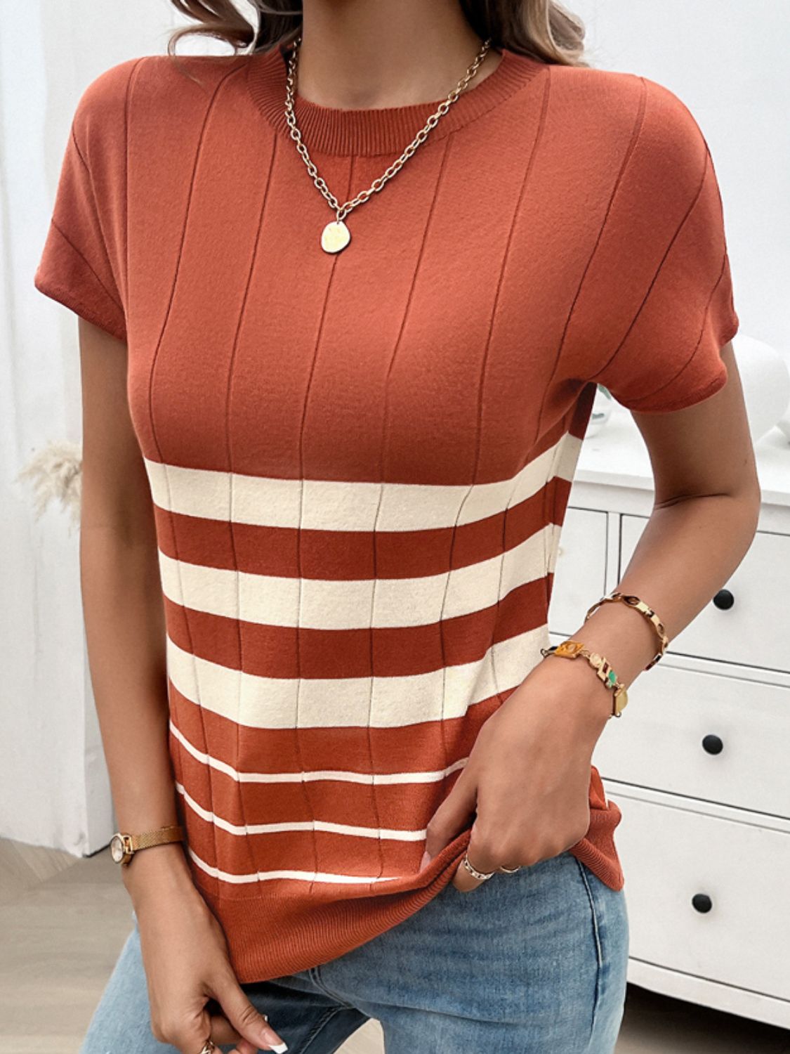 
                  
                    Striped Round Neck Short Sleeve Knit Top
                  
                