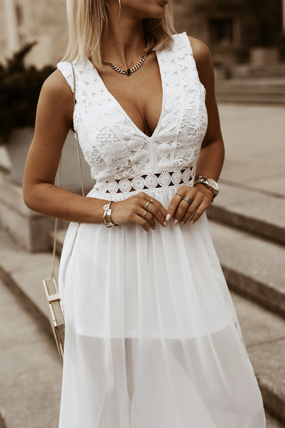 
                  
                    Slit Lace Detail V-Neck Dress
                  
                