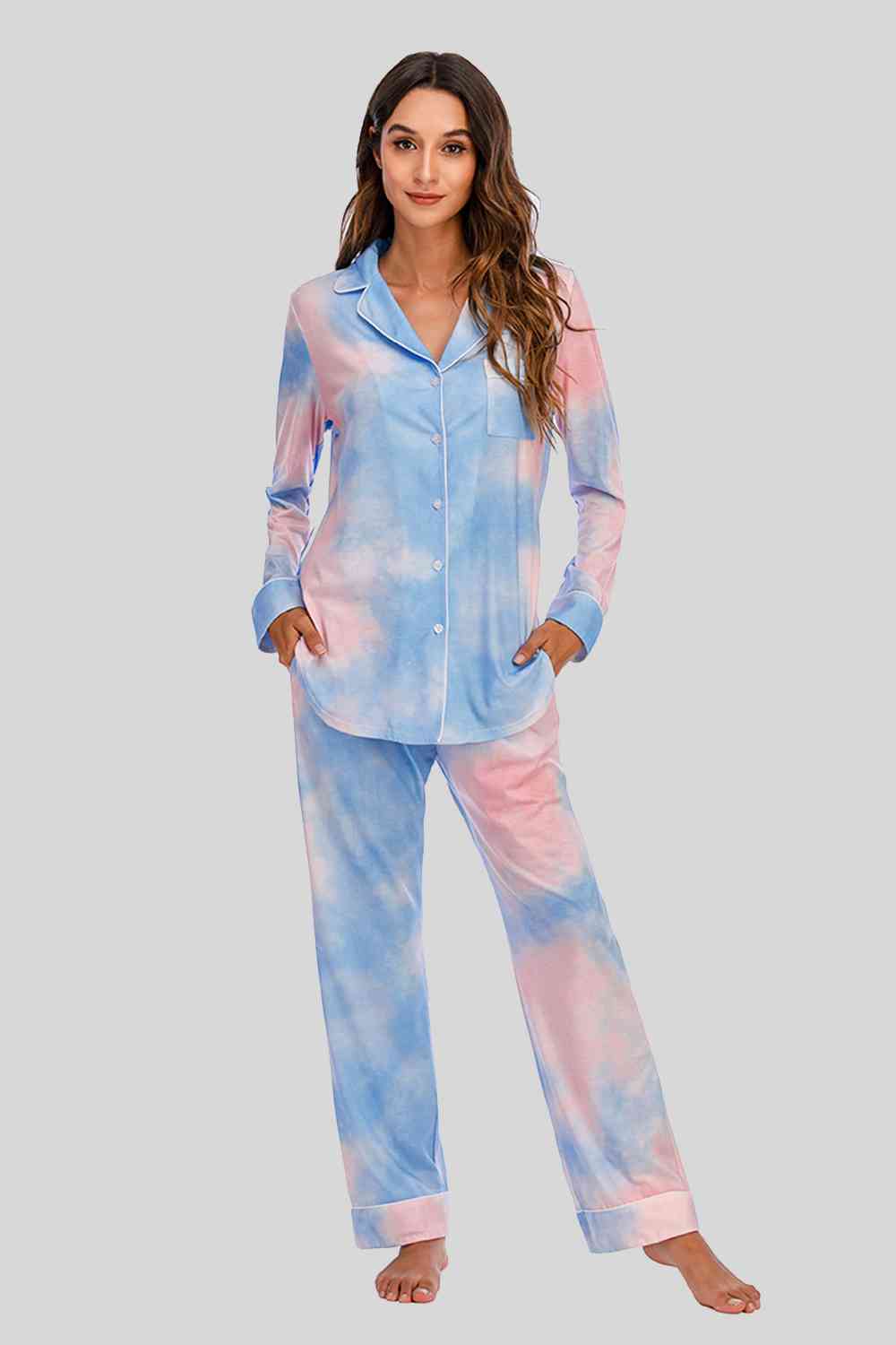 
                  
                    Collared Neck Long Sleeve Loungewear Set with Pockets
                  
                