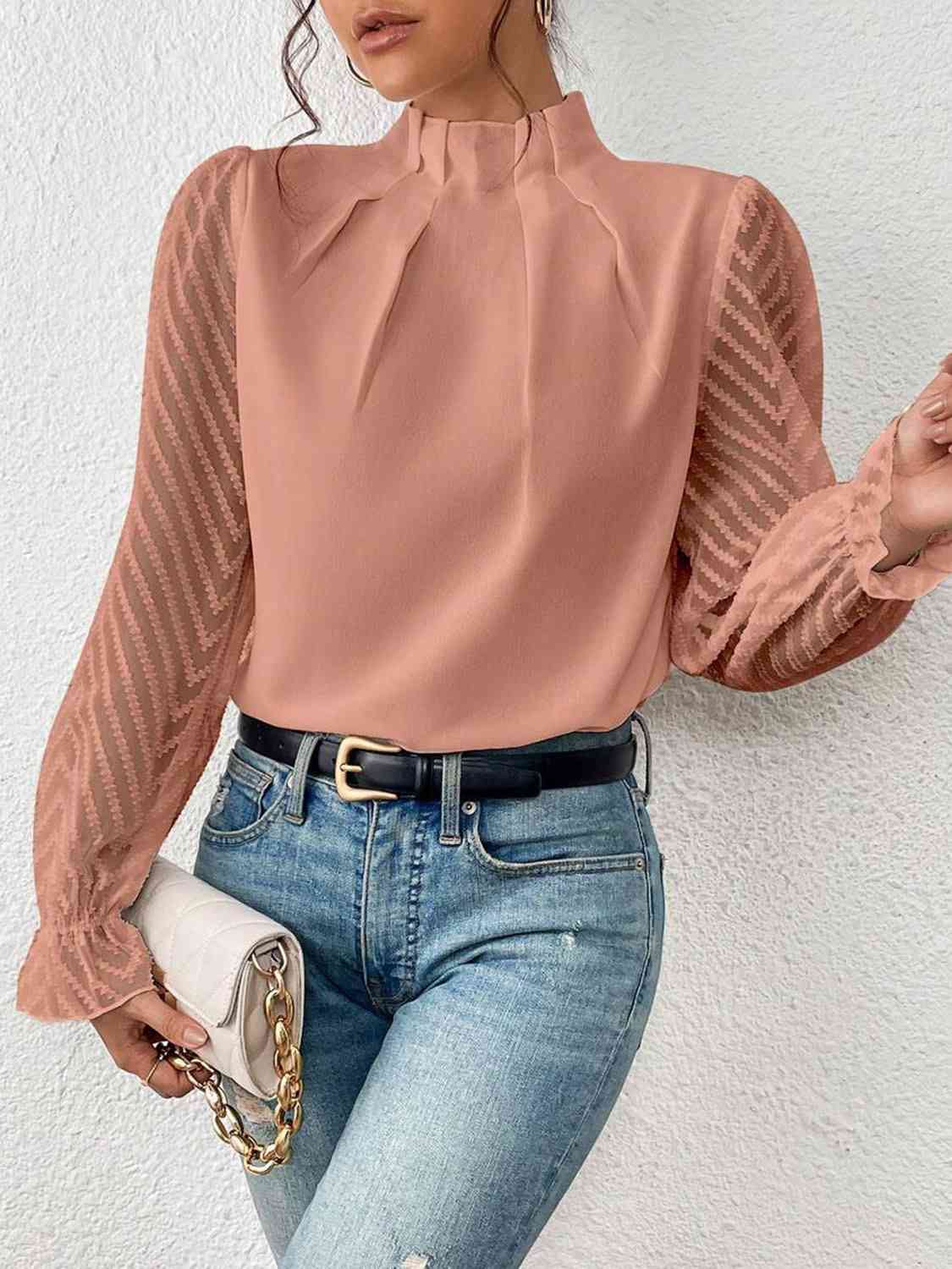 
                  
                    Mock Neck Flounce Sleeve Blouse
                  
                