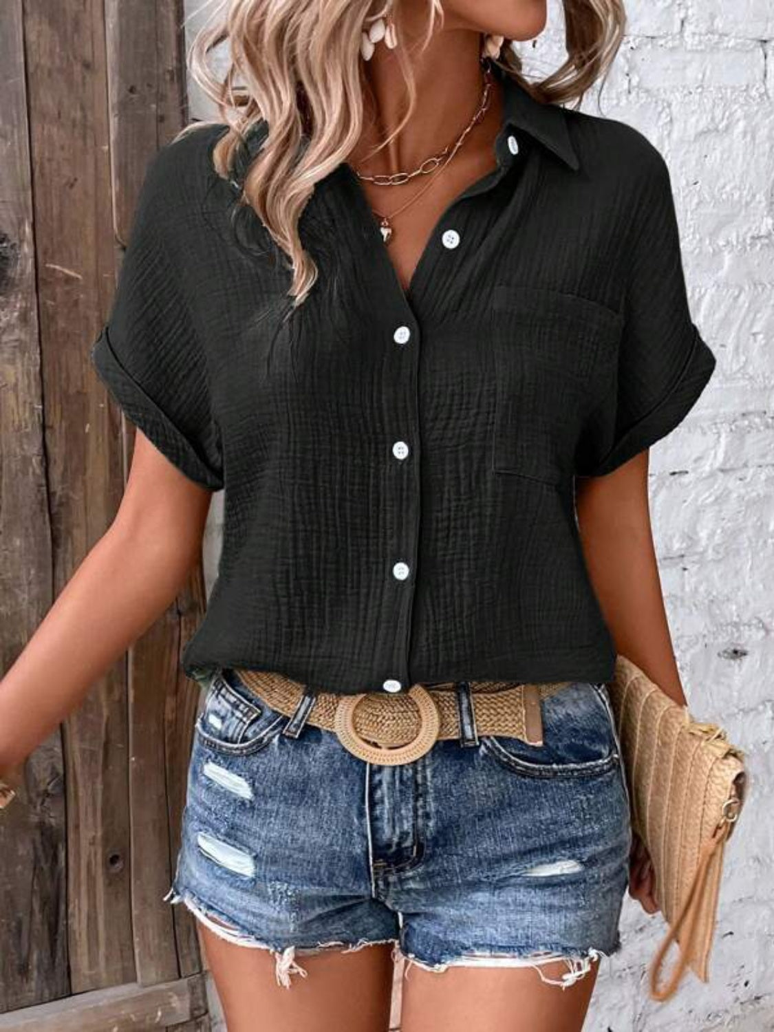 
                  
                    Textured Button Up Short Sleeve Shirt
                  
                