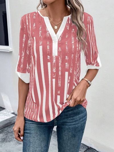 
                  
                    Striped Notched Half Sleeve Blouse
                  
                