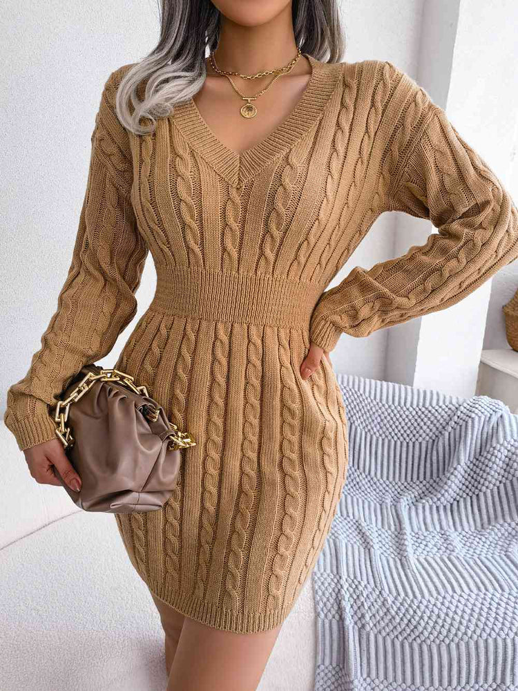 
                  
                    Cable-Knit V-Neck Mini Sweater Dress
                  
                