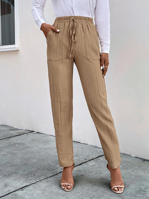 TEXTURED WEAVE DRAWSTRING PANTS - Brown / Taupe