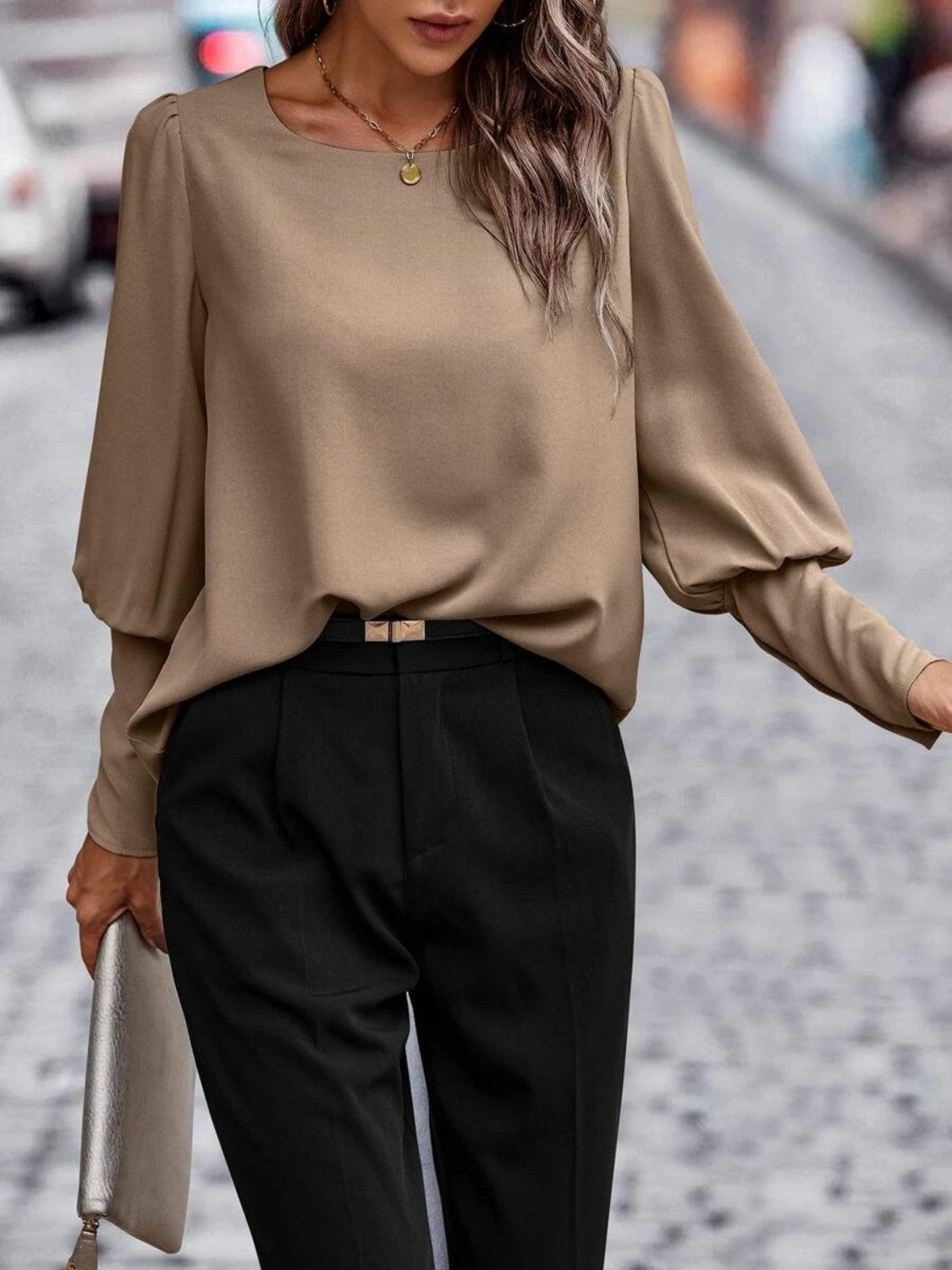 
                  
                    Round Neck Lantern Sleeve Blouse
                  
                