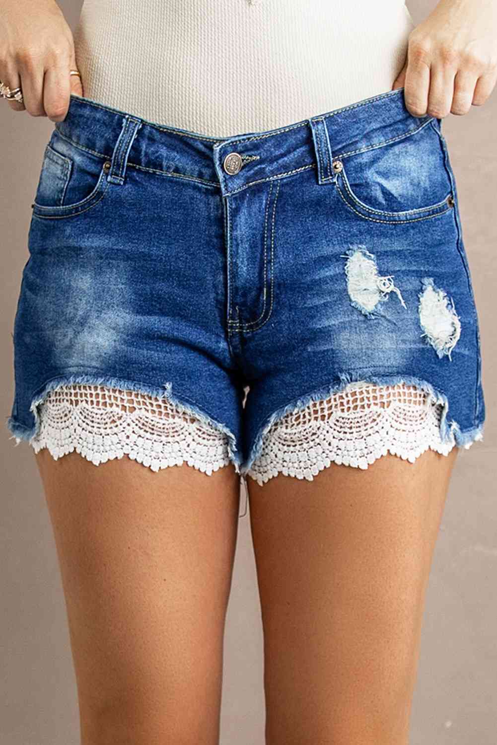 
                  
                    Spliced Lace Distressed Denim Shorts
                  
                