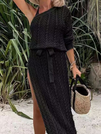 
                  
                    Slit Openwork Single Shoulder Knit Dress
                  
                