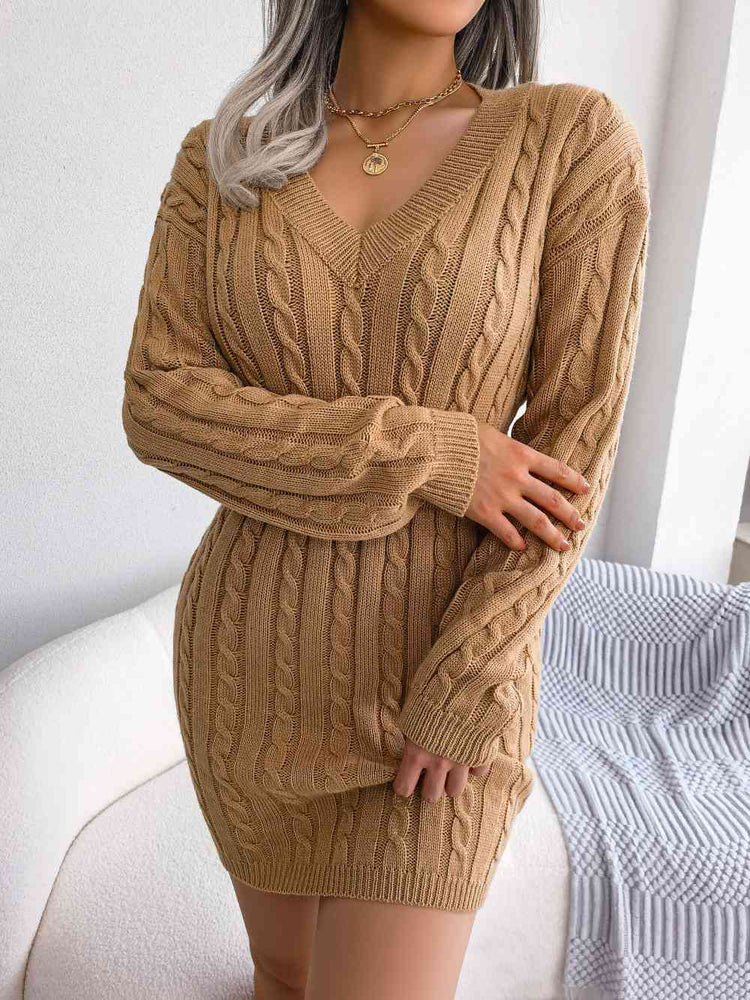 
                  
                    Cable-Knit V-Neck Mini Sweater Dress
                  
                