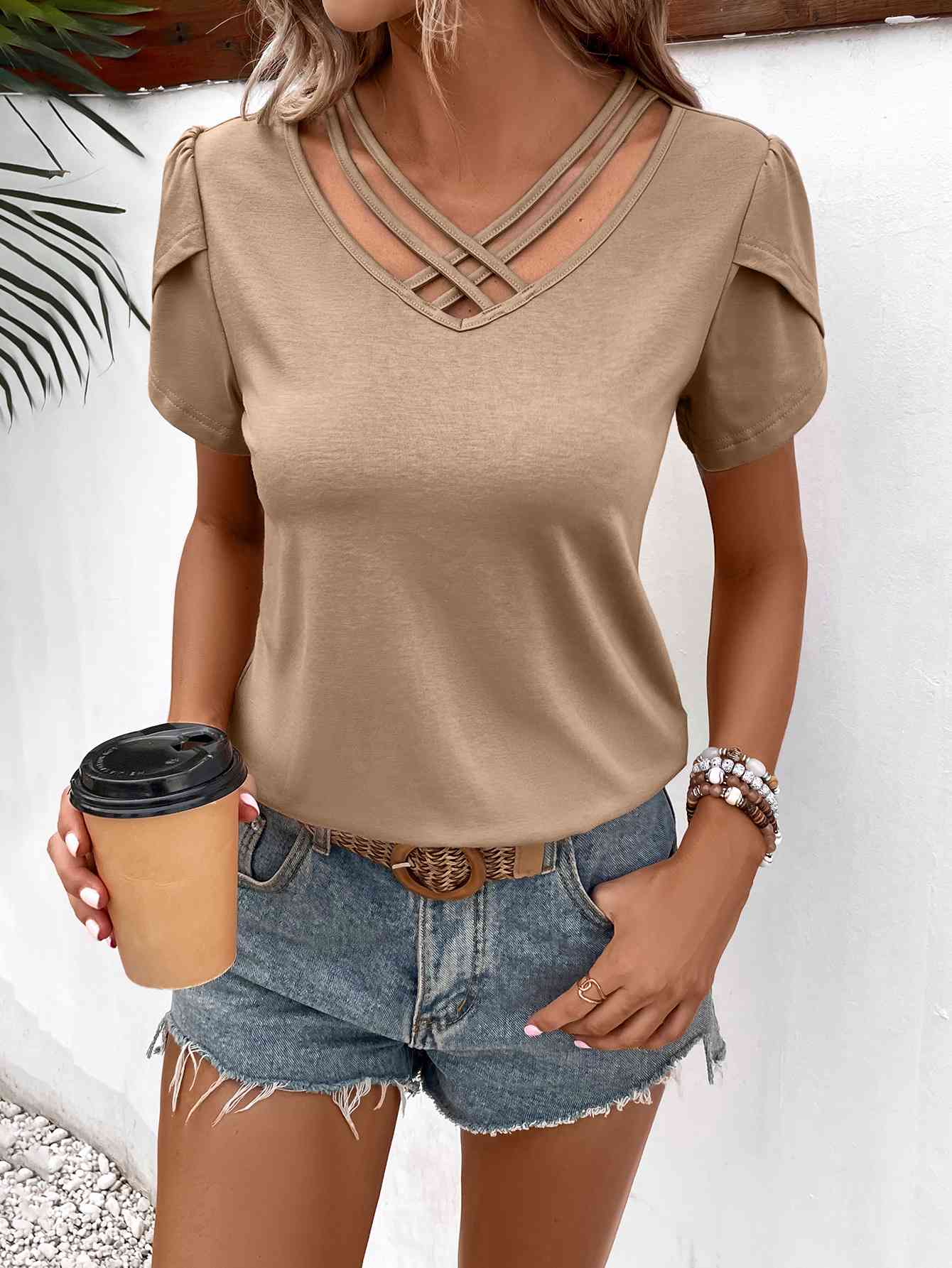 
                  
                    Strappy V-Neck Petal Sleeve Top
                  
                