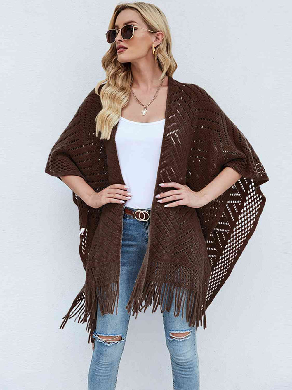 Fringe Hem Open Front Poncho