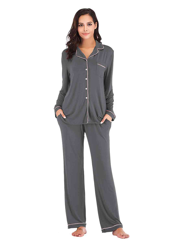 
                  
                    Collared Neck Long Sleeve Loungewear Set with Pockets
                  
                