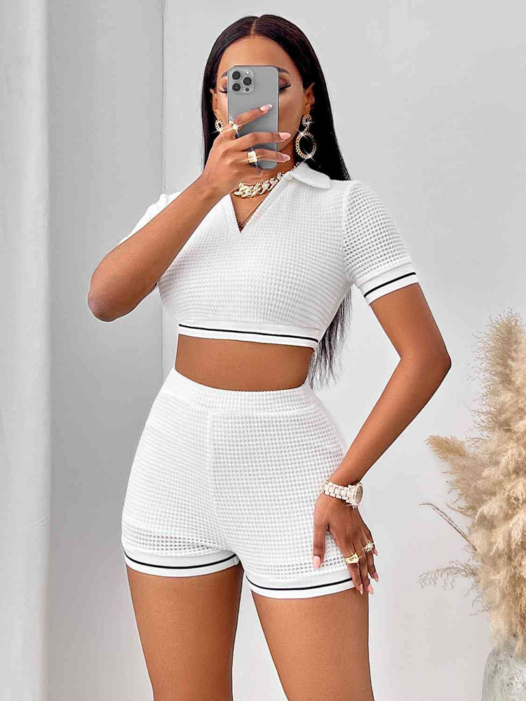 
                  
                    Waffle-Knit Collared Neck Cropped Top and Shorts Set
                  
                