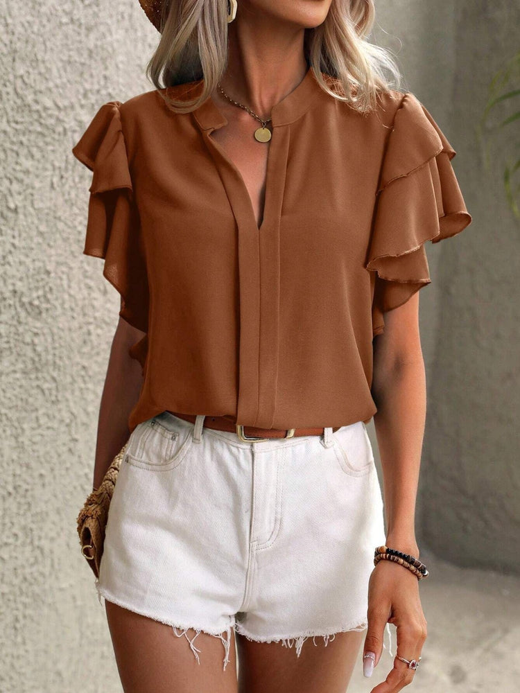 
                  
                    Ruffled Notched Short Sleeve Blouse
                  
                