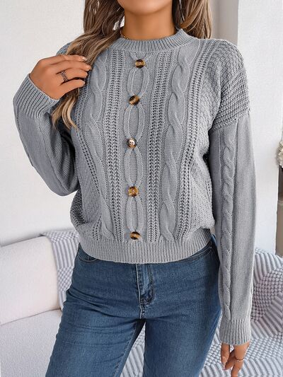 Cable-Knit Buttoned Round Neck Sweater – Khron Store