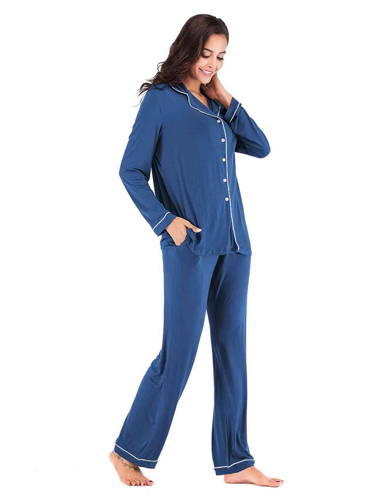 
                  
                    Collared Neck Long Sleeve Loungewear Set with Pockets
                  
                