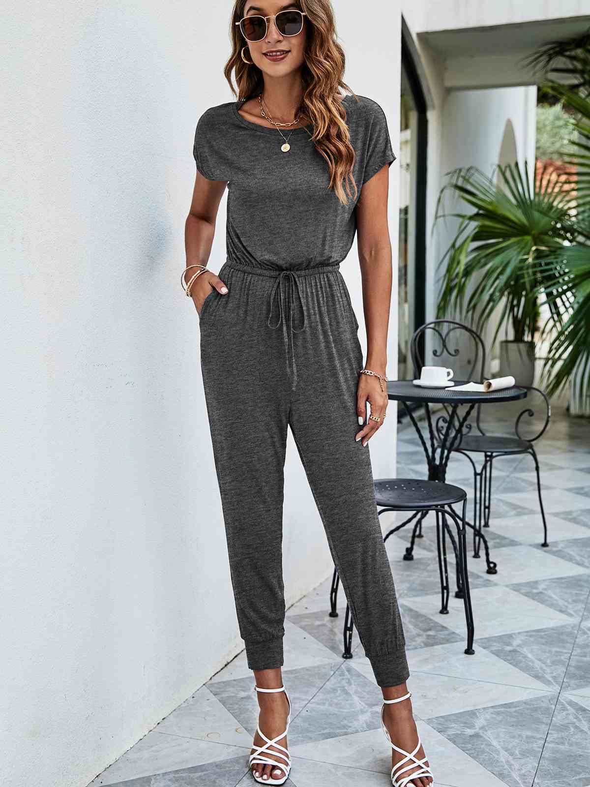 
                  
                    Drawstring Waist Short Sleeve Jogger Jumpsuit
                  
                