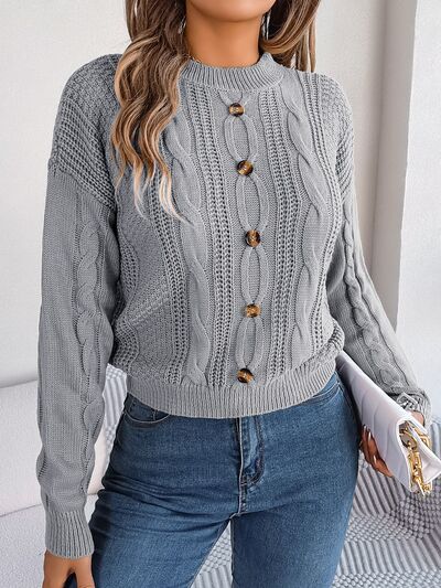 
                  
                    Cable-Knit Buttoned Round Neck Sweater
                  
                