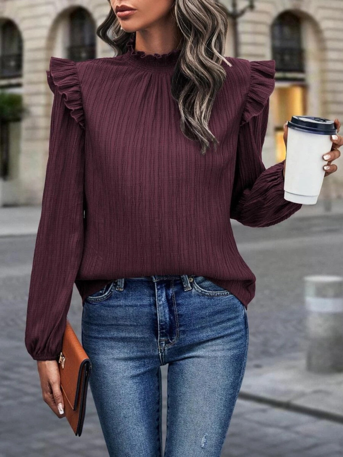 
                  
                    Mock Neck Ruffle Shoulder Blouse
                  
                