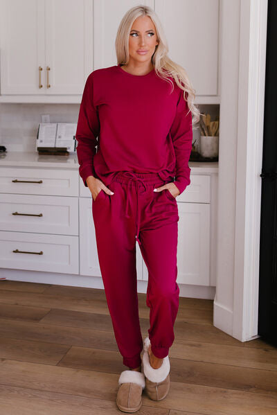 Round Neck Top and Drawstring Pants Lounge Set