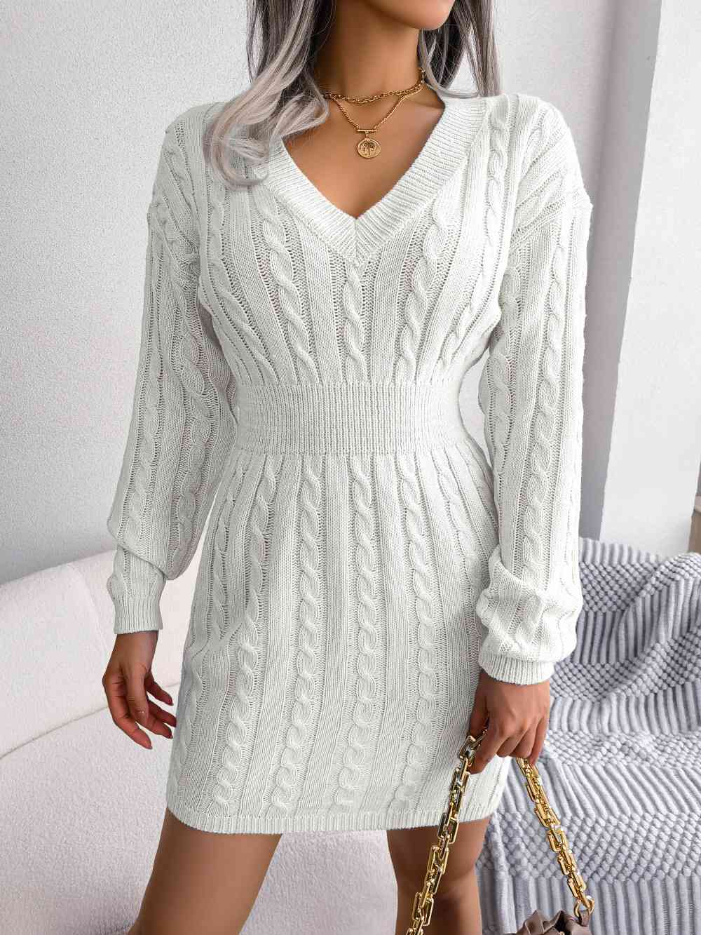 
                  
                    Cable-Knit V-Neck Mini Sweater Dress
                  
                