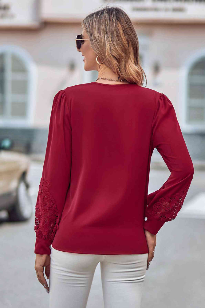 
                  
                    Spliced Lace V-Neck Puff Sleeve Shirt
                  
                