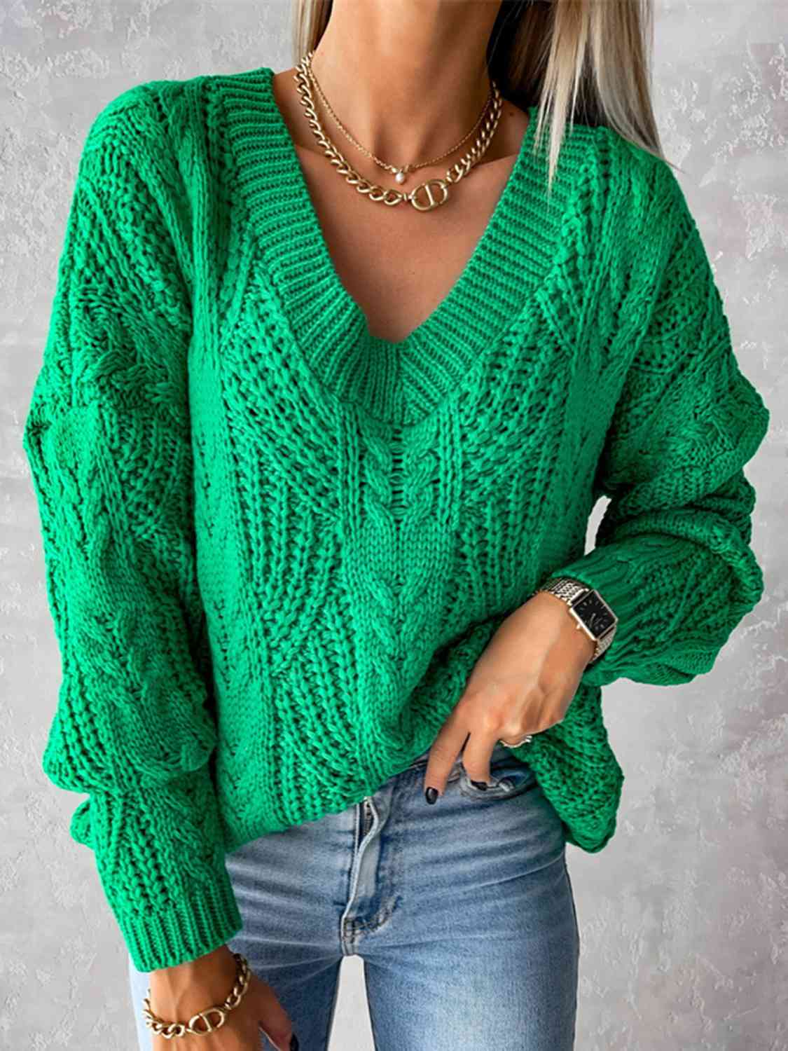 
                  
                    V-Neck Cable-Knit Long Sleeve Sweater
                  
                