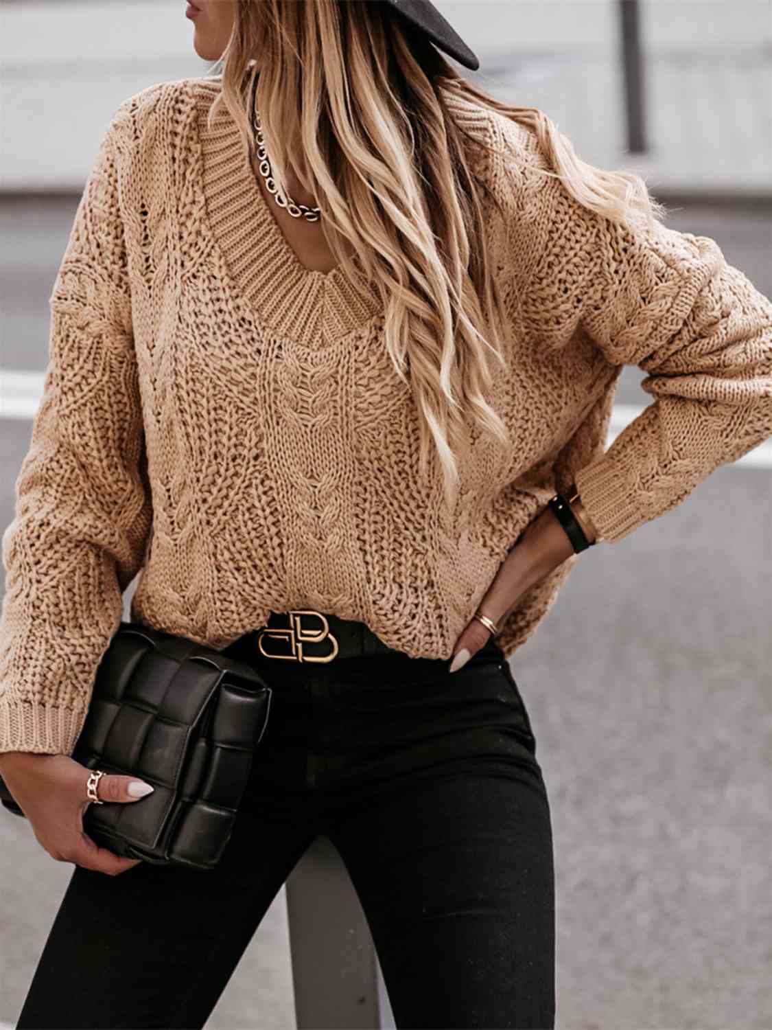 
                  
                    V-Neck Cable-Knit Long Sleeve Sweater
                  
                