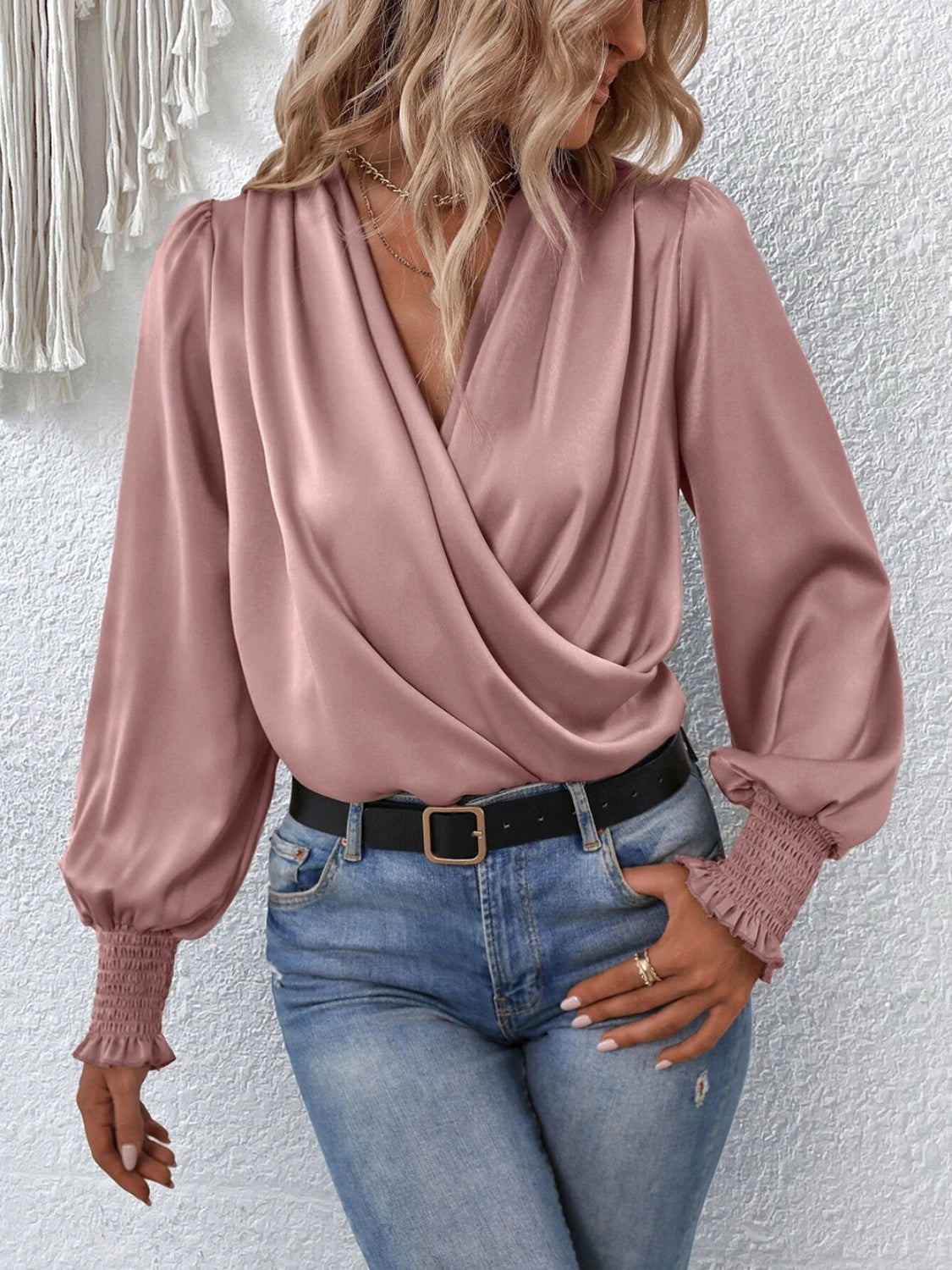 
                  
                    Surplice Smocked Lantern Sleeve Blouse
                  
                