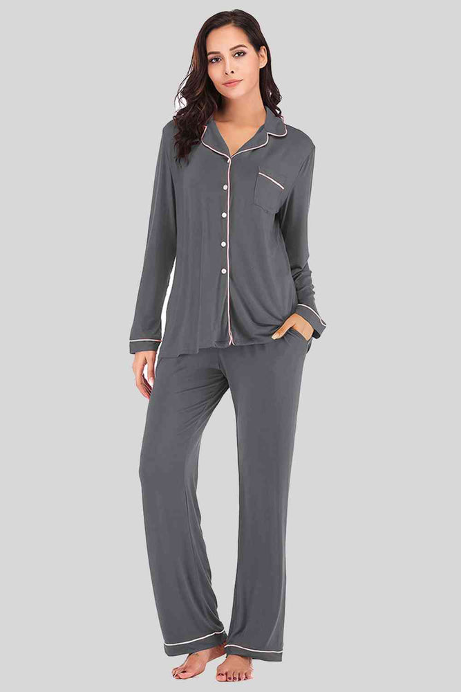 
                  
                    Collared Neck Long Sleeve Loungewear Set with Pockets
                  
                