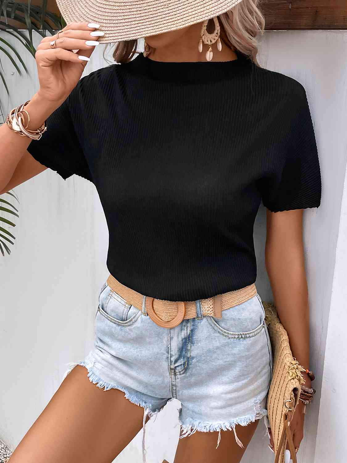 
                  
                    Ribbed Round Neck Short Sleeve T-Shirt
                  
                