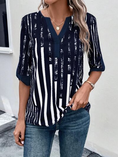 
                  
                    Striped Notched Half Sleeve Blouse
                  
                