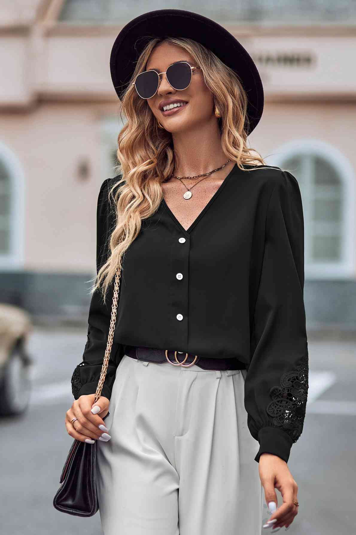 
                  
                    Spliced Lace V-Neck Puff Sleeve Shirt
                  
                