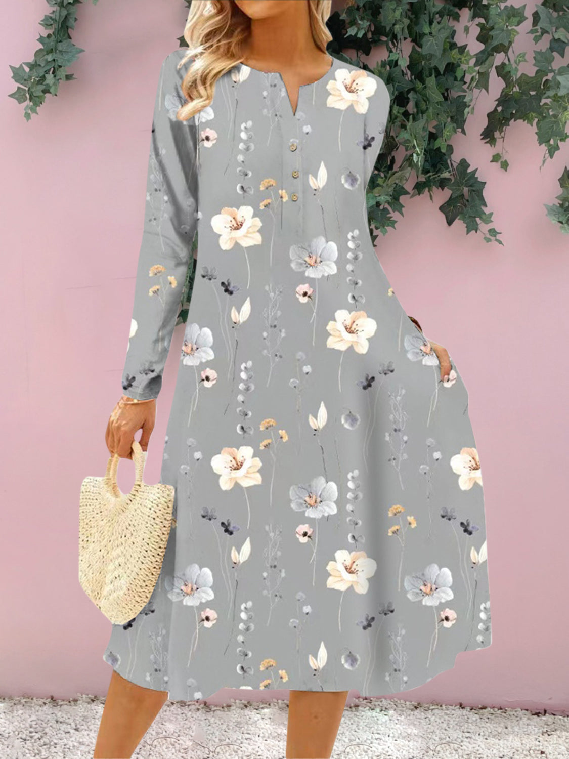 
                  
                    Floral Notched Long Sleeve Midi Dress
                  
                