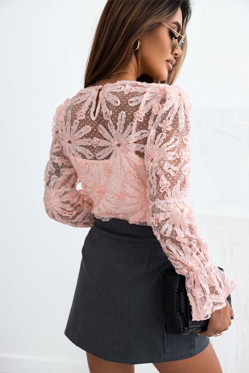 
                  
                    Flower Dotted Ruffled Sleeve Mesh Top
                  
                