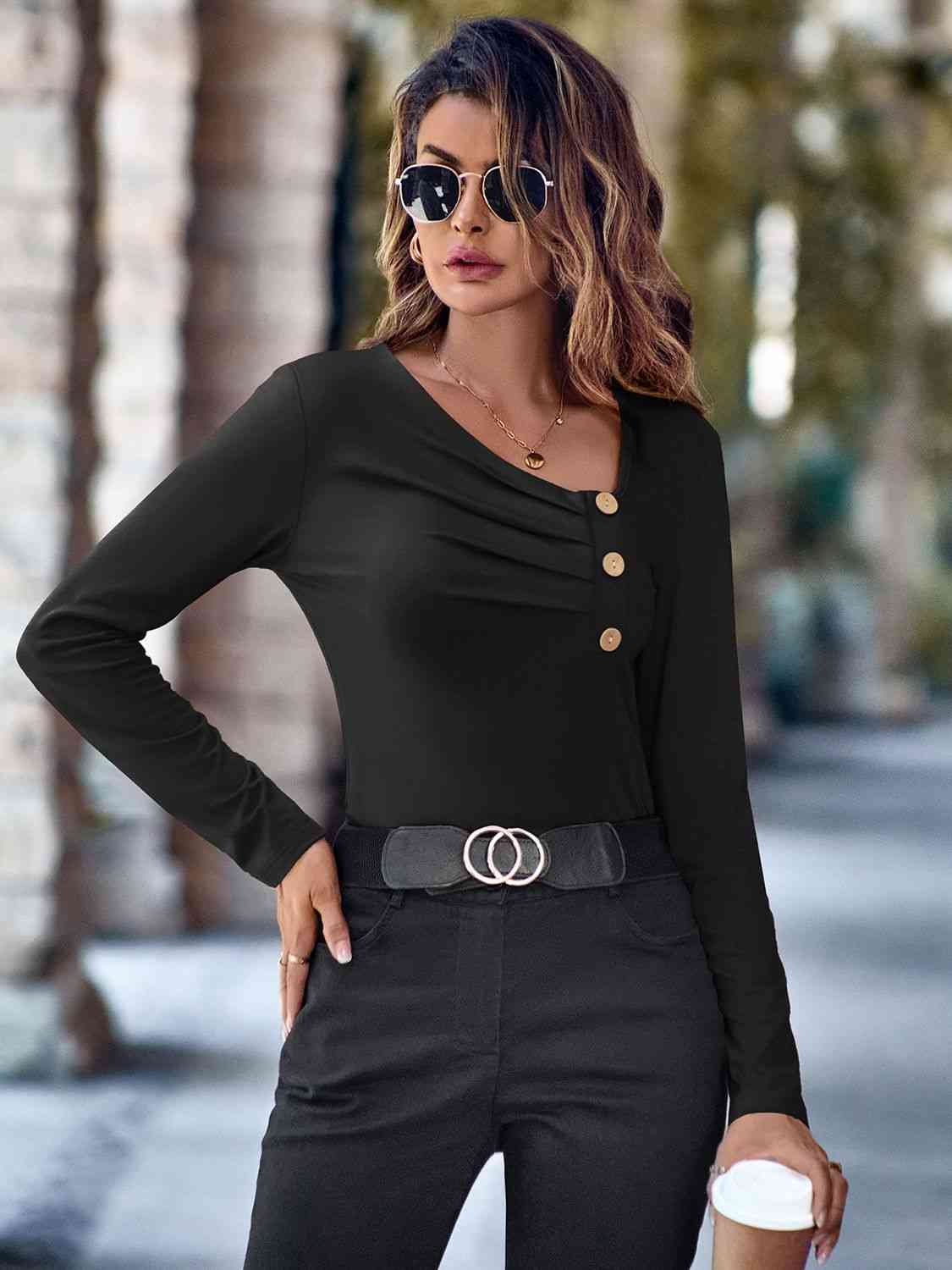 
                  
                    Buttoned Asymmetrical Neck Top
                  
                