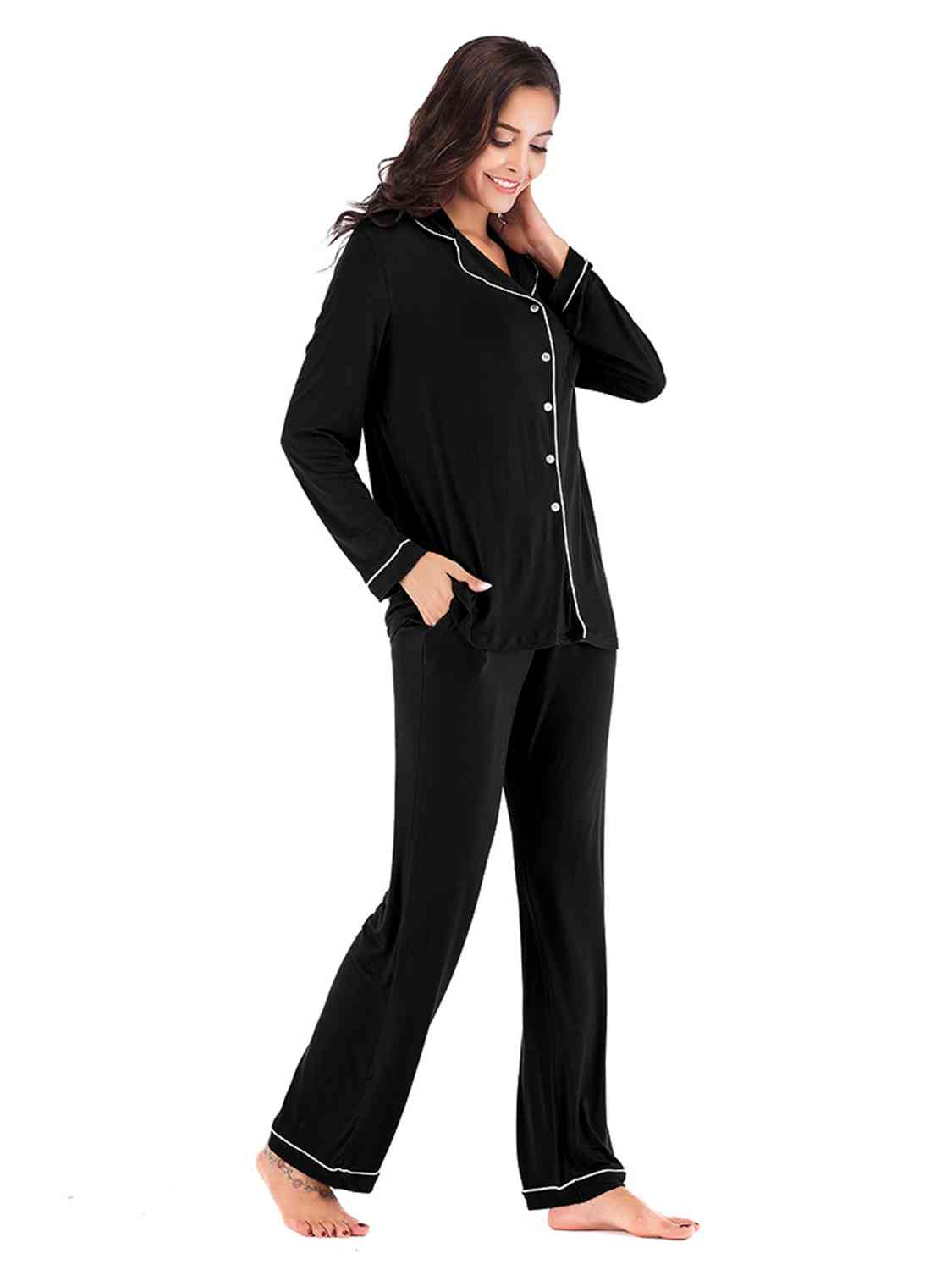 
                  
                    Collared Neck Long Sleeve Loungewear Set with Pockets
                  
                