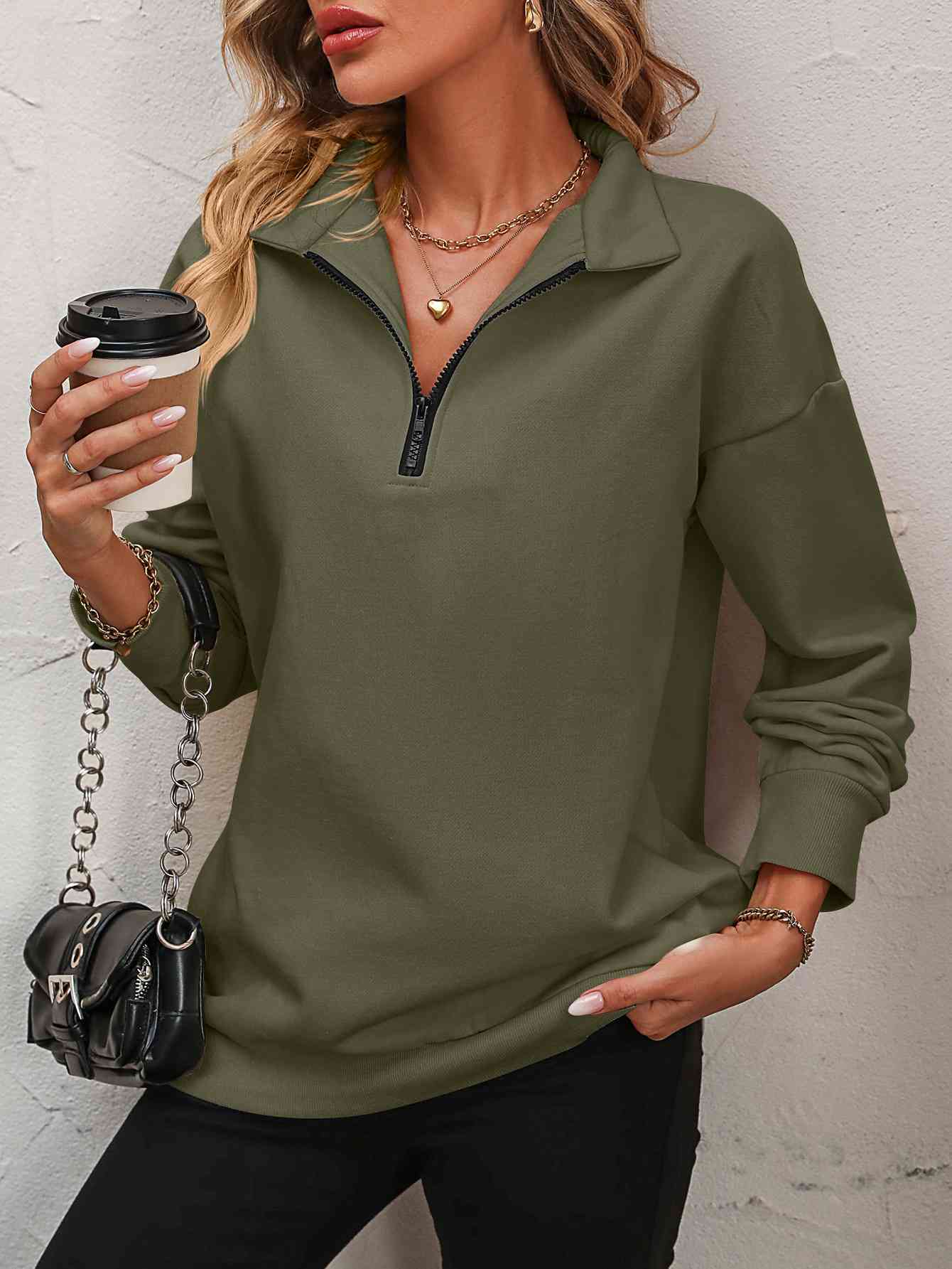 
                  
                    Zip-Up Dropped Shoulder Sweatshirt
                  
                