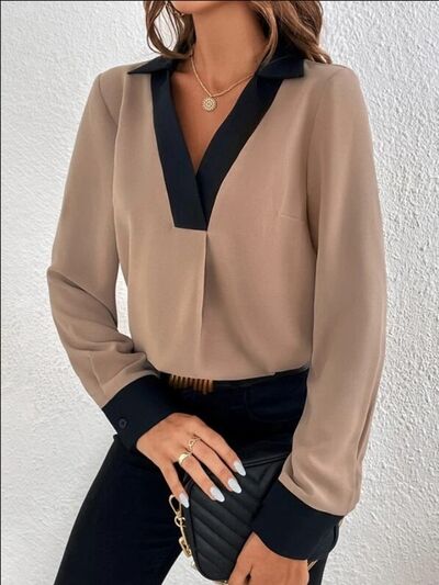 
                  
                    Contrast Trim V-Neck Long Sleeve Blouse
                  
                