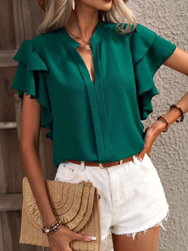 
                  
                    Ruffled Notched Short Sleeve Blouse
                  
                